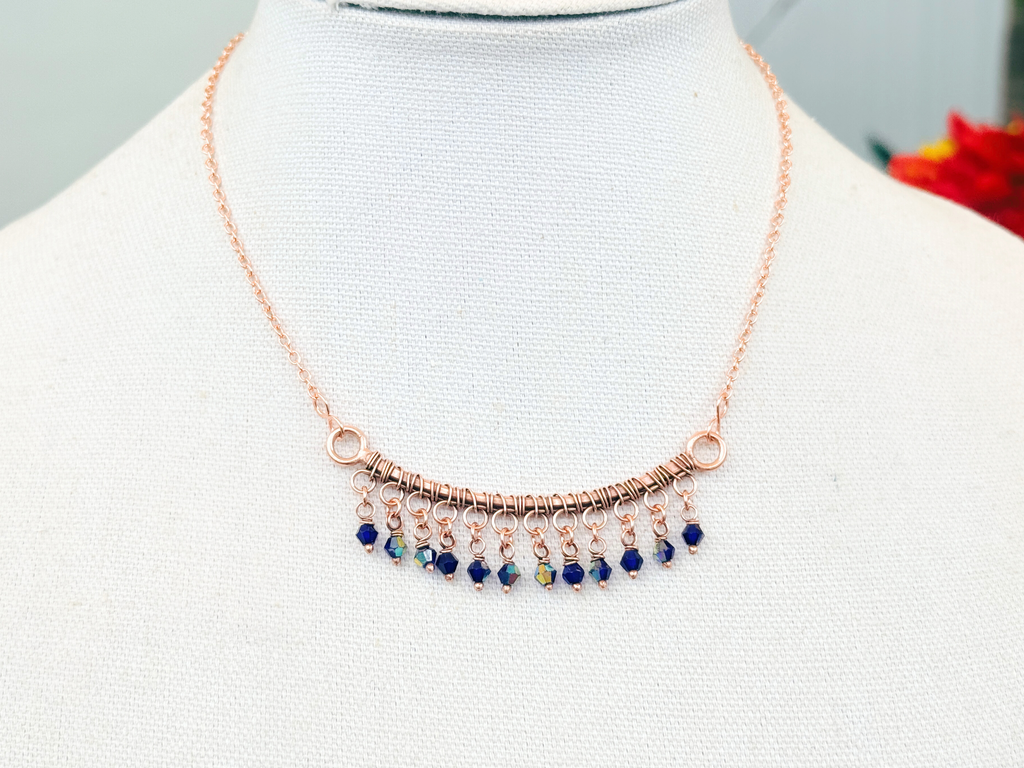 Blue Crystal Fringe Bar Necklace