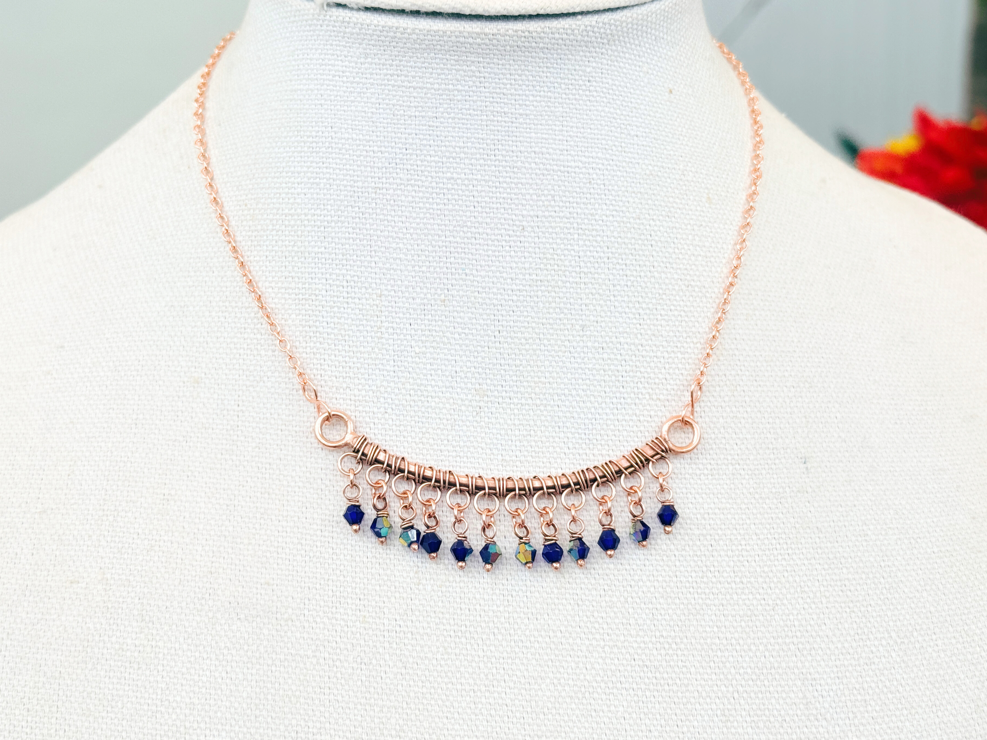 Blue Crystal Fringe Bar Necklace
