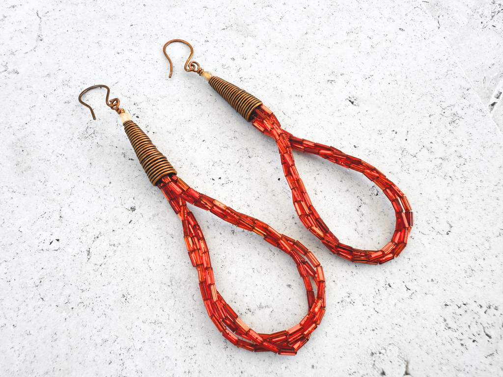 Orange Beaded Loop Earrings