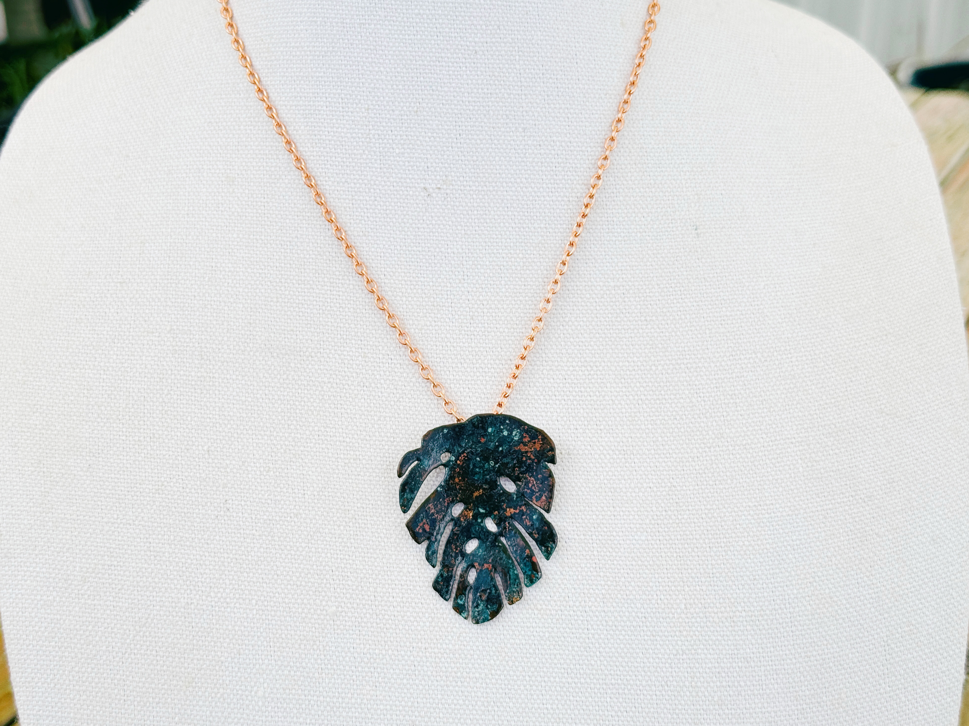 Verdigris Monstera Pendant Necklace
