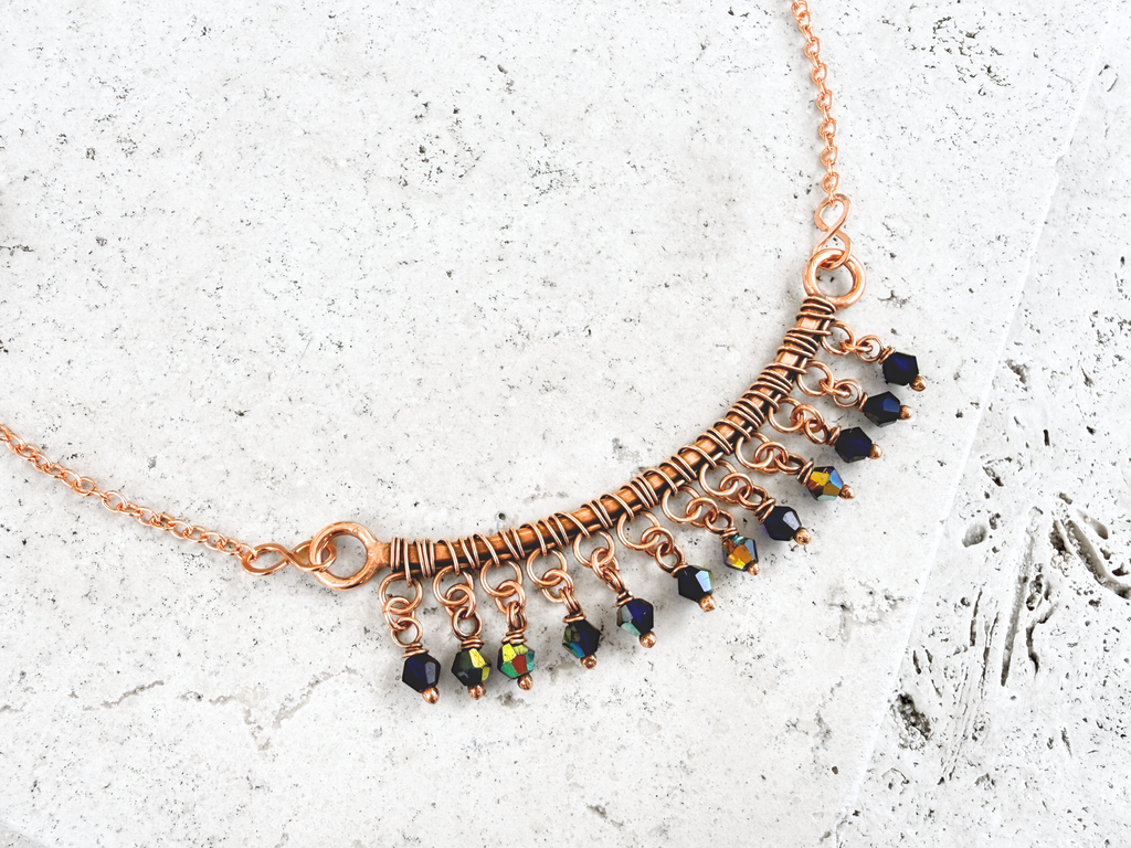 Blue Crystal Fringe Bar Necklace