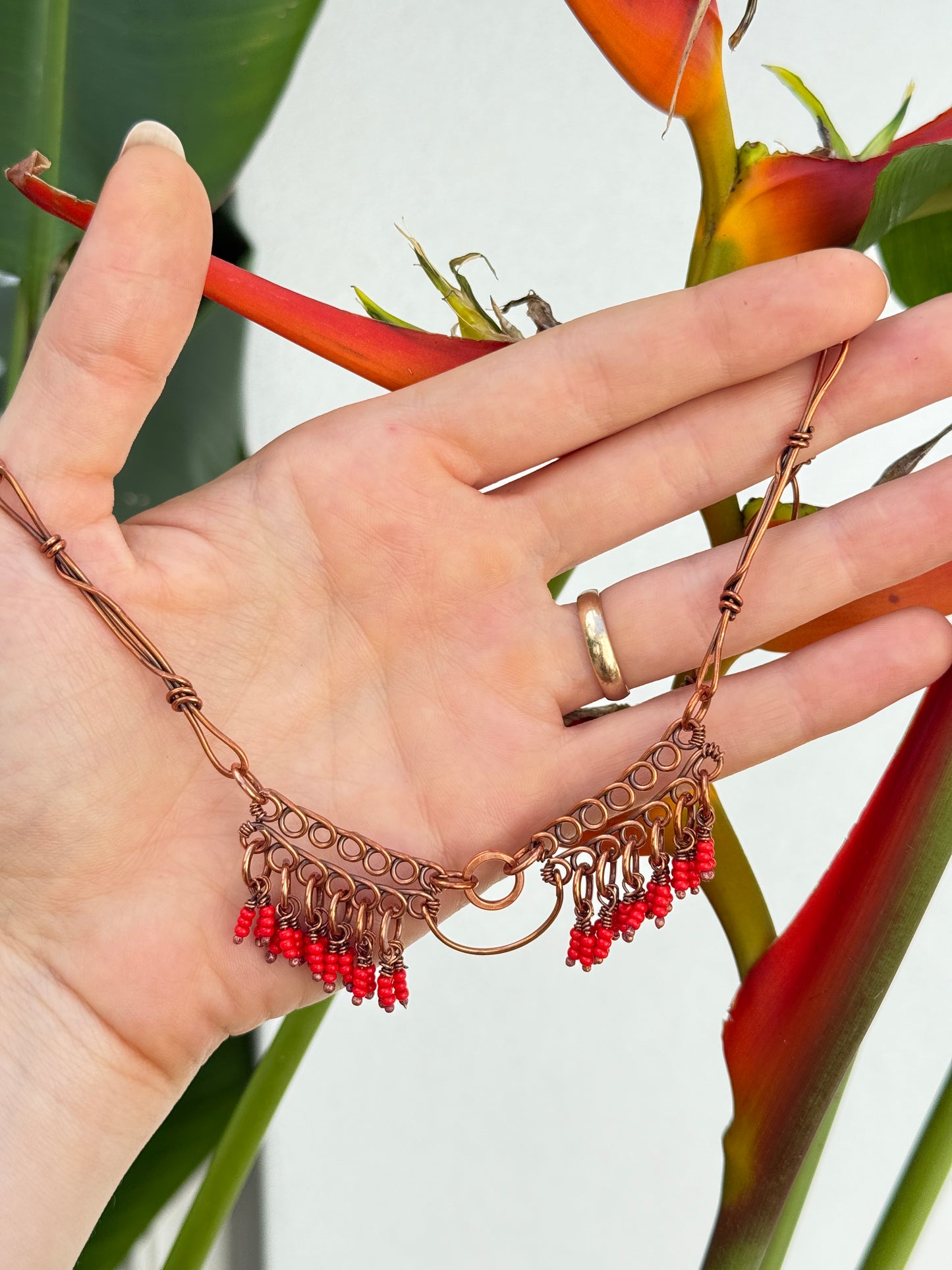 Coral Crescent Fringe Necklace