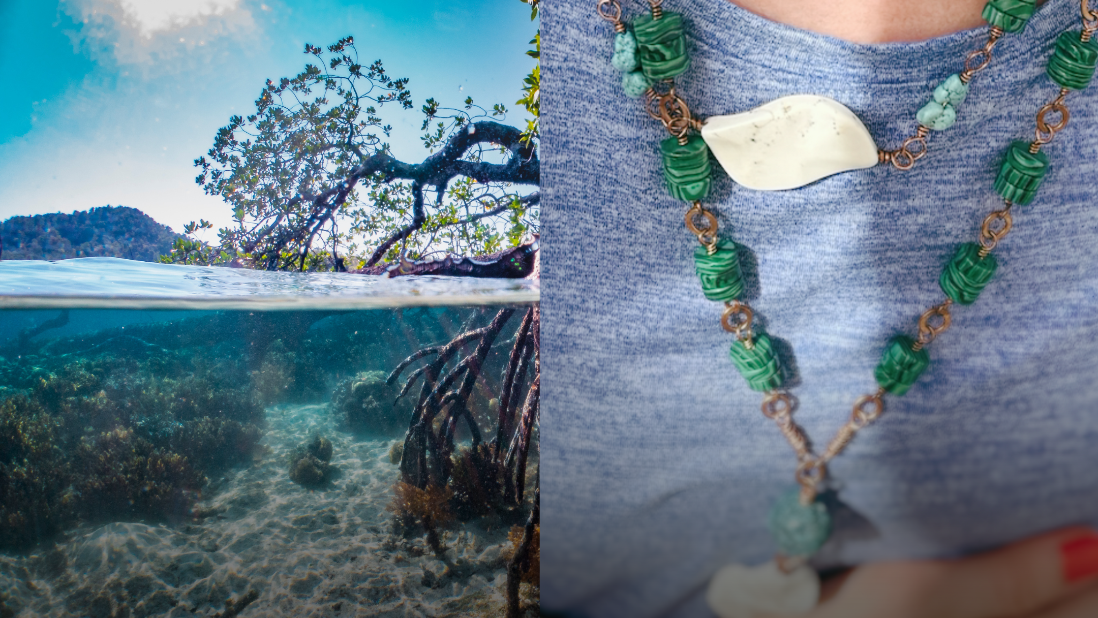 Collage of underwater scene with mangrove roots and a close-up of a green beaded necklace.